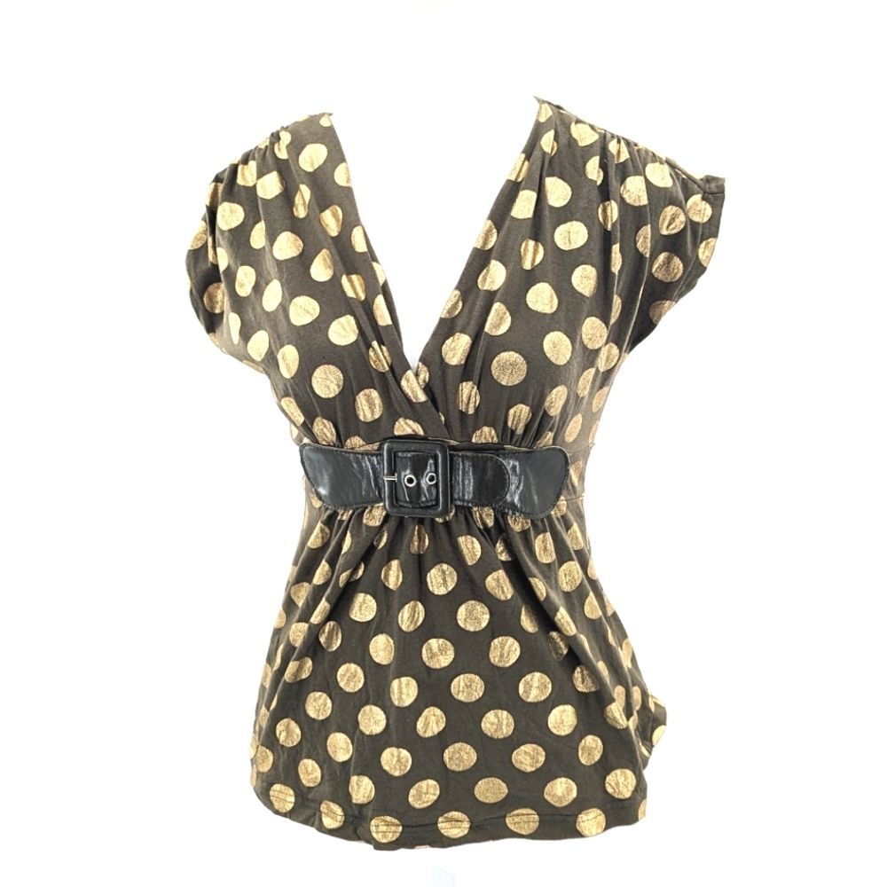 Anxiety Y2K Green and Gold Belted Polka Dot V-Neck Blouse T-Shirt Size Small